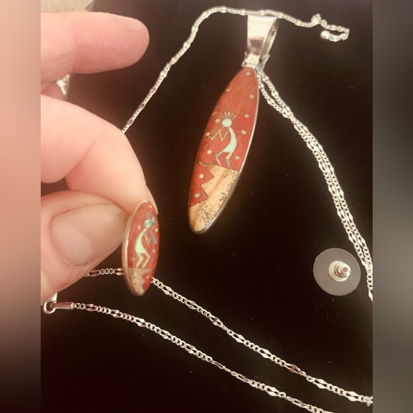 Coral & Multi Gemstone Kokopelli Earrings and Pendant on 24" adjustable SS Chain - Picture 5 of 14